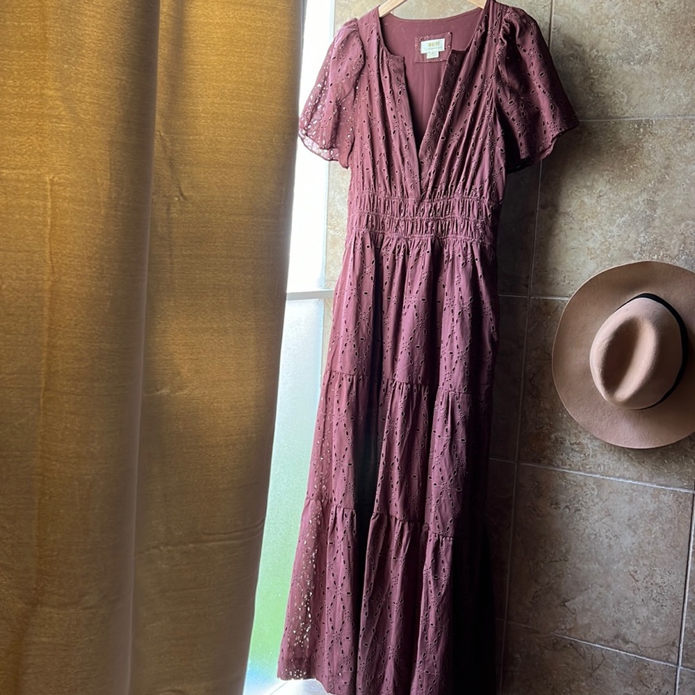 Anthropologie Maeve Somerset maxi dress brown eyelet POCKETS!